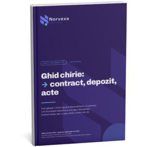 Coperta ghidului PDF despre chirie în UK: contract, depozit și acte